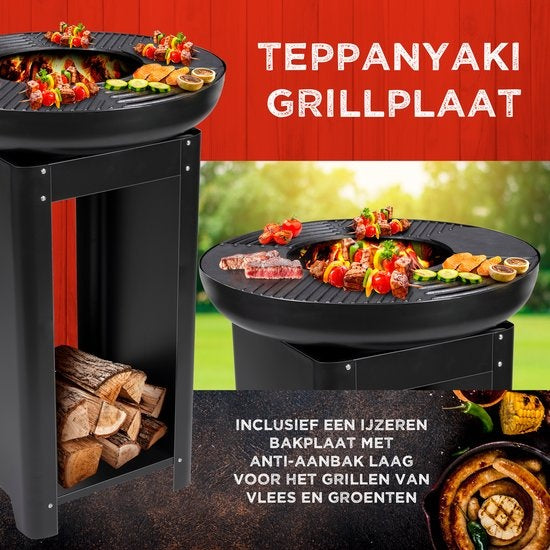 BBQ Collectie 3-in-1 Vuurkorf en Grillplaat - Tuinhaard 61 x 90 cm - met Teppanyaki Bakplaat - Plancha BBQ met Brandhout Opslagplaats - Vuurkorf voor Buiten - Metaal