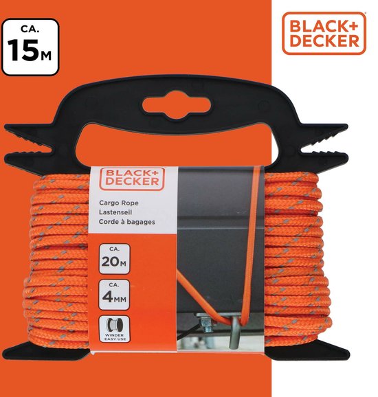 BLACK+DECKER Spanband met Oproller 20 Meter - Incl. Spanband Oproller - Sjorband - Transport Touw - Elastisch Koord - met Reflecterende Delen - Transportbeheer - Nylon/ Kunststof - Oranje/Zwart