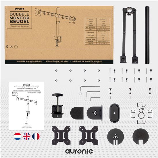 Auronic Monitor Arm - 2 Schermen - 13 tot 27 Inch - Verstelbaar - Draai, Kantel en Zwenkbaar - Dubbele Monitor Beugel - Staal - Zwart
