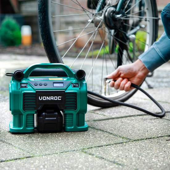 VONROC Accu compressor VPower 20V - 20V accu & 12V aansluiting - Incl. accessoires en 4.0Ah accu