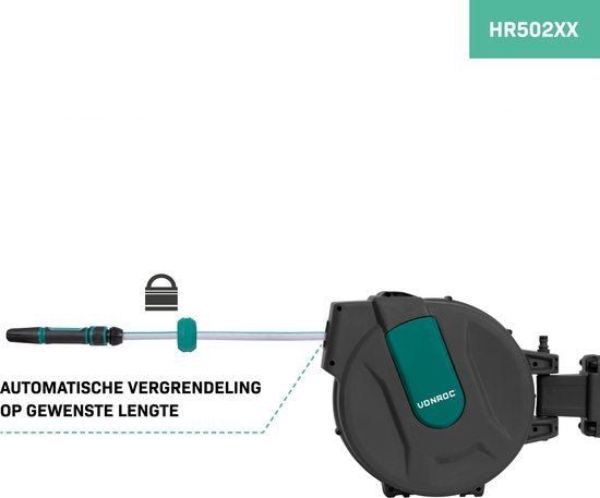 VONROC Wandslangenbox – Incl. 25m tuinslang, aansluitslang, spuitstuk, koppelingen & kraanaansluiting – Automatisch oprolsysteem
