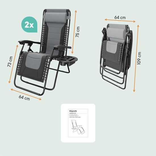 LifeGoods Ligstoelen Comfort - Opvouwbaar - 30°-90° Verstelbaar - Beker en Telefoonhouder - Tuinstoelen - Zwart/Grijs