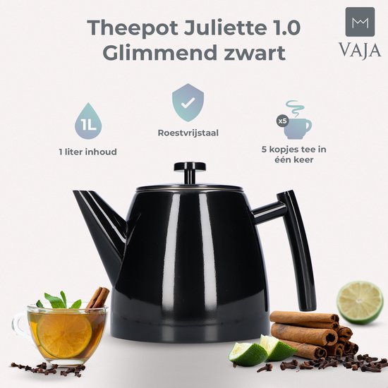 Vaja® Theepot Juliette met Filter - Dubbelwandig -Theekan 1.0L - Glimmend Zwart