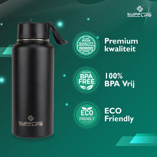 Supplife Luxe RVS Thermosfles / Drinkfles - 1 Liter - BPA & Lek Vrij - Waterfles met Rietje - Dubbelwandige Isolatie - Thermosbeker - Schenkdop en Dop met Rietje - Inclusief Schoonmaakborsteltje - Zwart