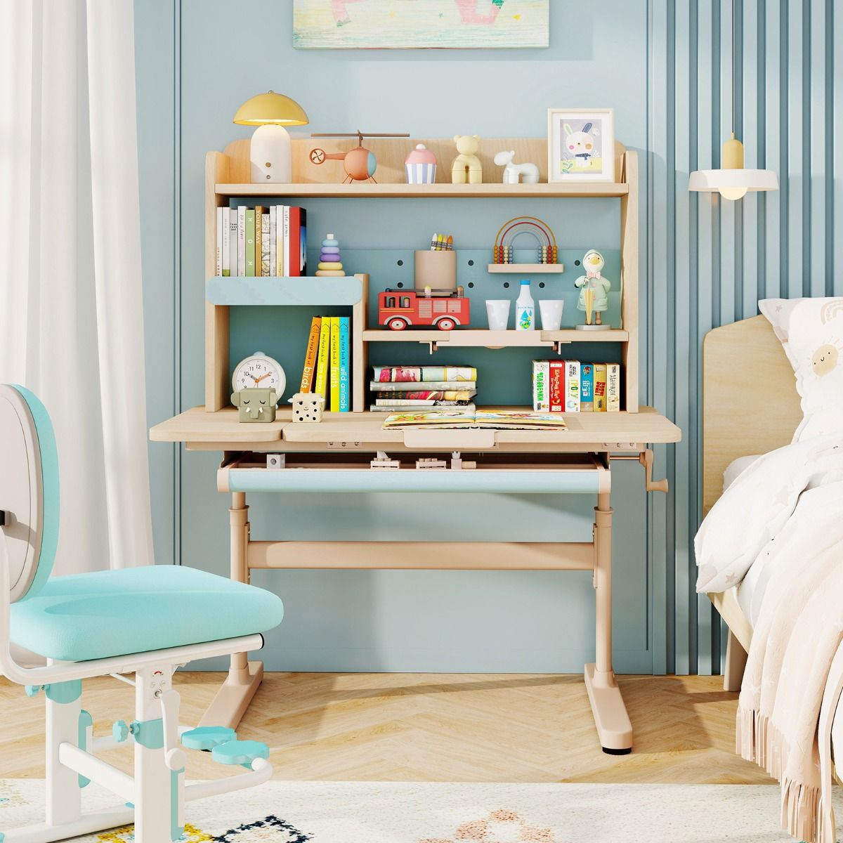 coast Kindertafel - Hoogte Verstelbaar 52-74 cm - Kantelbaar Bureaublad 0°-60° - Lade & Rek - Blauw - 100 x 60 x 111-135 cm