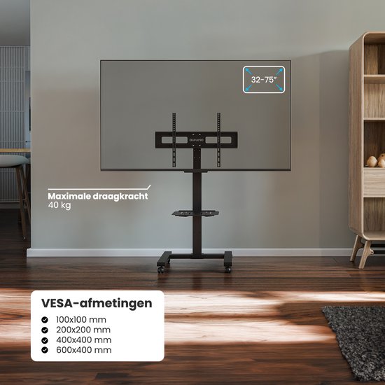 Auronic TV Standaard – Verrijdbaar, Draaibaar & Kantelbaar – Voor 32–75 inch – Max. 40 kg – 98 x 68 x 158 cm – Zwart