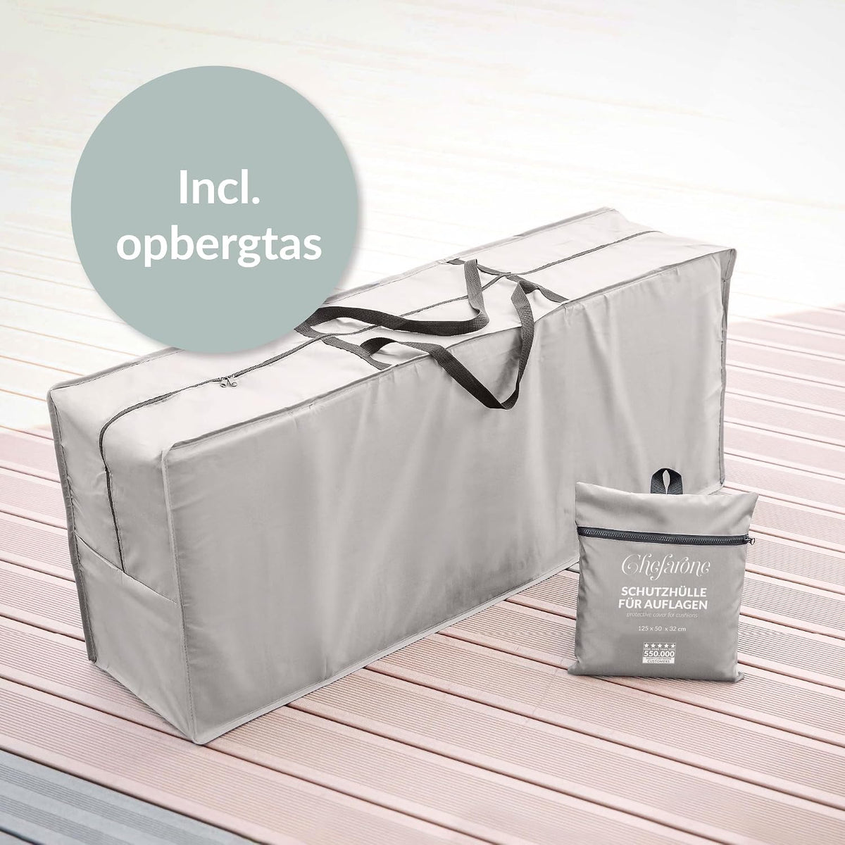 Chefarone Opbergtas voor Tuinkussens - Waterafstotend - 125 x 50 x 32 cm - 420D Polyester - Lichtgrijs