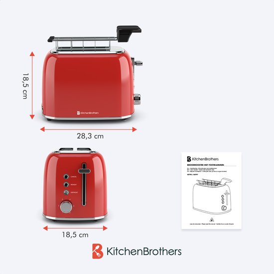 KitchenBrothers Broodrooster met Tostiklemmen - Toaster - 6 Warmteniveaus - Brede Sleuven - Broodrooster - 870W - Rood