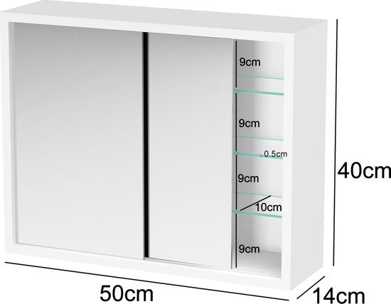 VDD - Medicijnkastje - Spiegelkast boven wastafel, badkamer, toilet - 50 x 40 x 14 cm - Wit
