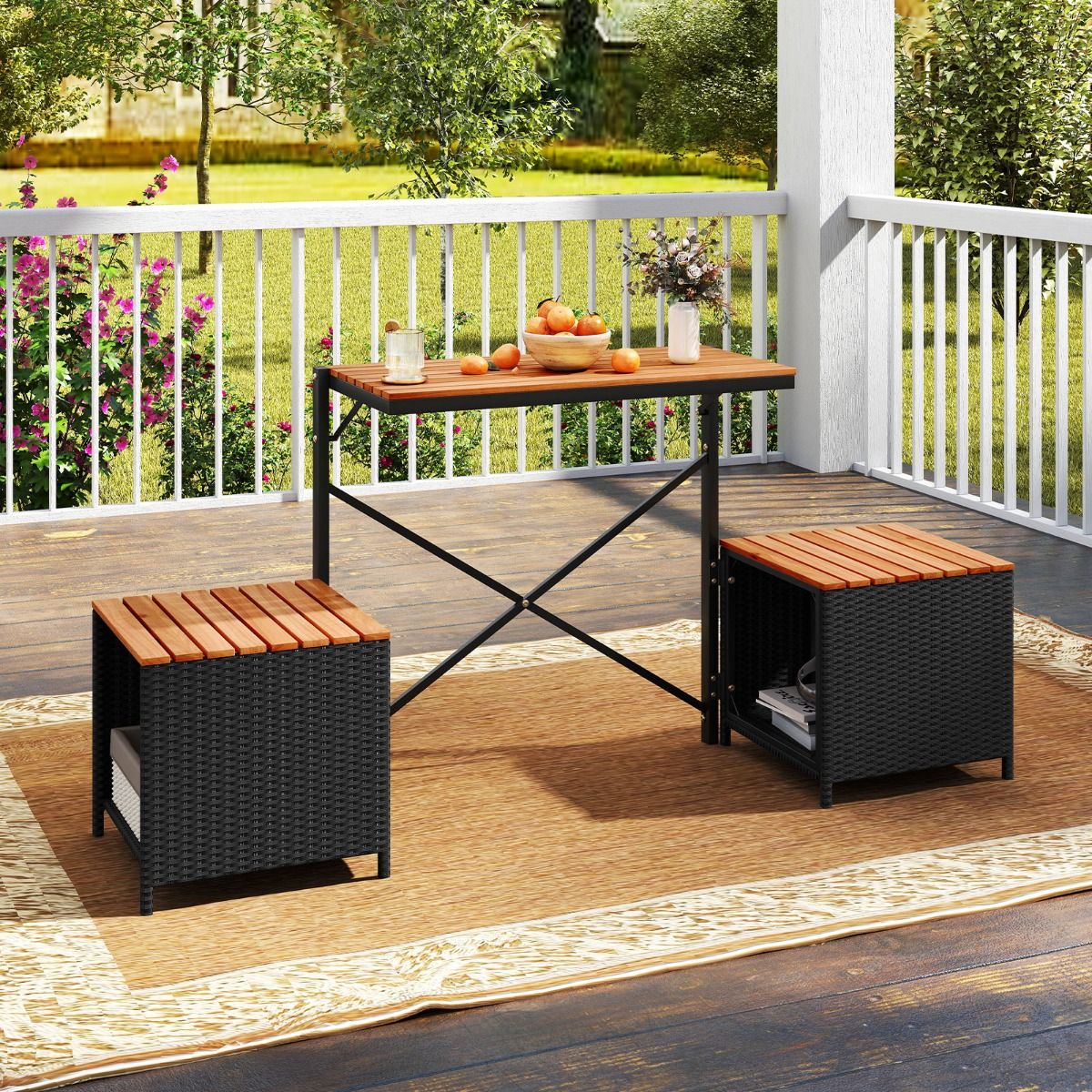 Coast 2-in-1 tuinbank en picknicktafel - omvormbaar balkonmeubel - met opbergruimte - zwart/naturel