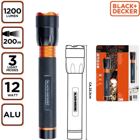 BLACK+DECKER LED Zaklamp – 1200 Lumen – 12W – 200m Bereik – 3 Lichtstanden – Aluminium Behuizing – Ø48 x 233 mm – 360g