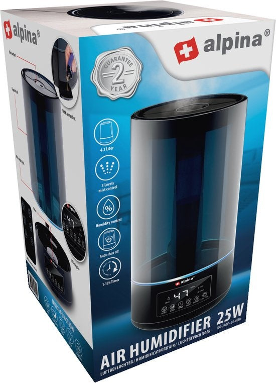 alpina Luchtbevochtiger 4.3L - Humidifier - Aroma Diffuser met Timer - Afstandsbediening - Zwart