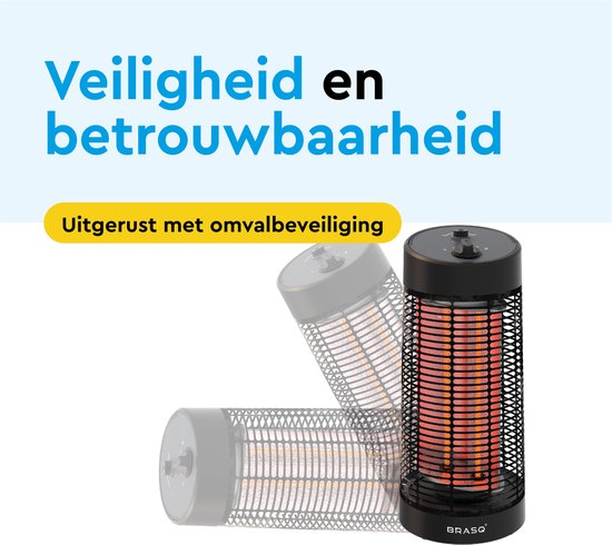 BRASQ Elektrische Terrasverwarmer staand – Tafelmodel - 1200 watt - 2 Warmtestanden – met Zwenkfunctie - Infrarood Heater – Spatwaterdicht - Verwarming Voor Binnen en Buiten - Zwart
