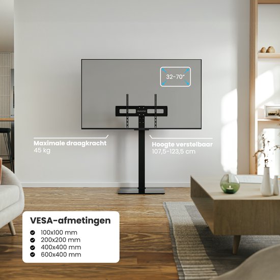Auronic TV Standaard - TV Voet - In Hoogte Verstelbaar - Draaibaar - Kantelbaar - 32 tot 70 inch - Zwart