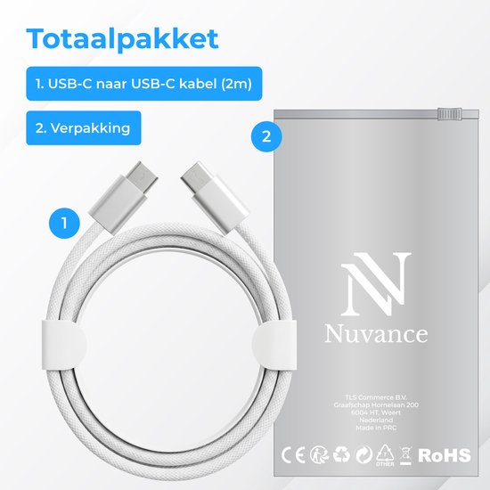 Nuvance USB C naar USB C Kabel - USB C Lader - 2 Meter - Snellader USB C - Gevlochten Nylon - 60W - 480 Mbps - Wit