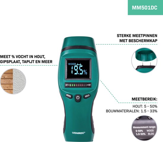 VONROC PRO Vochtmeter – Professioneel gebruik – Accuraat – Hoog contrast LCD met achtergrondverlichting