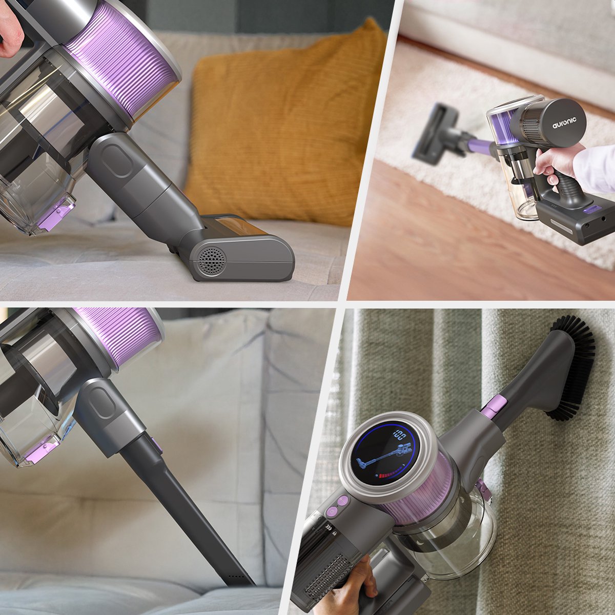 Auronic Steelstofzuiger - Draadloos - 350W - Zelfstaande Stofzuiger - Zonder Zak - Extra Accu - Vacuum Cleaner - Grijs/Paars