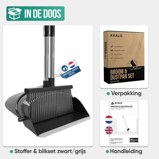 Avalo Stoffer en Blik met Lange Steel - Verstelbaar 87-127cm - Zwart
