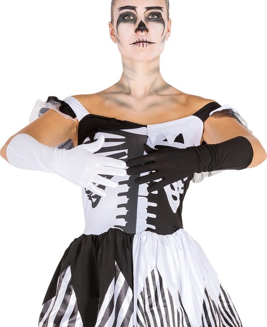 Dressforfun vrouwenkostuum Black-White-Skeleton M - verkleedkleding kostuum halloween verkleden feestkleding carnavalskleding carnaval feestkledij partykleding - 300118