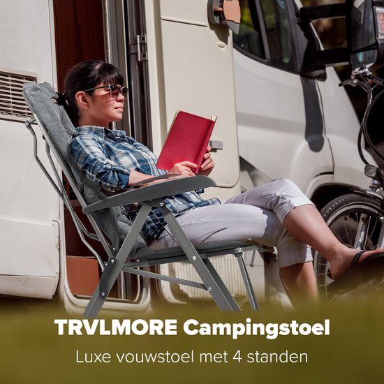 TRVLMORE Campingstoel - Inclusief Draagtas - Comfortabele Vouwstoel - 150 kg draagvermogen - Kampeerstoel - Opbergvak - Klapstoel - Grijs