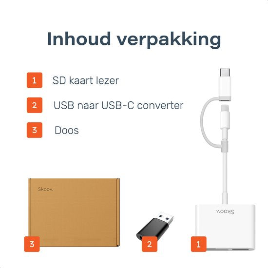 Skoov SD Kaart Lezer - Card Reader voor iPhone en USB-C - Micro SD en SD Kaartlezer - Lightning Adapter - Geheugenkaartlezer - SD en Micro SD Reader - USB naar USB C