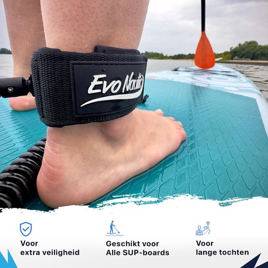 EvoNautic SUP Leash 10ft - Enkelkoord voor SUP - Lengte van 3 meter - Verstelbare enkelband - Geschikt voor alle boards - Gemaakt van sterk en duurzaam materiaal