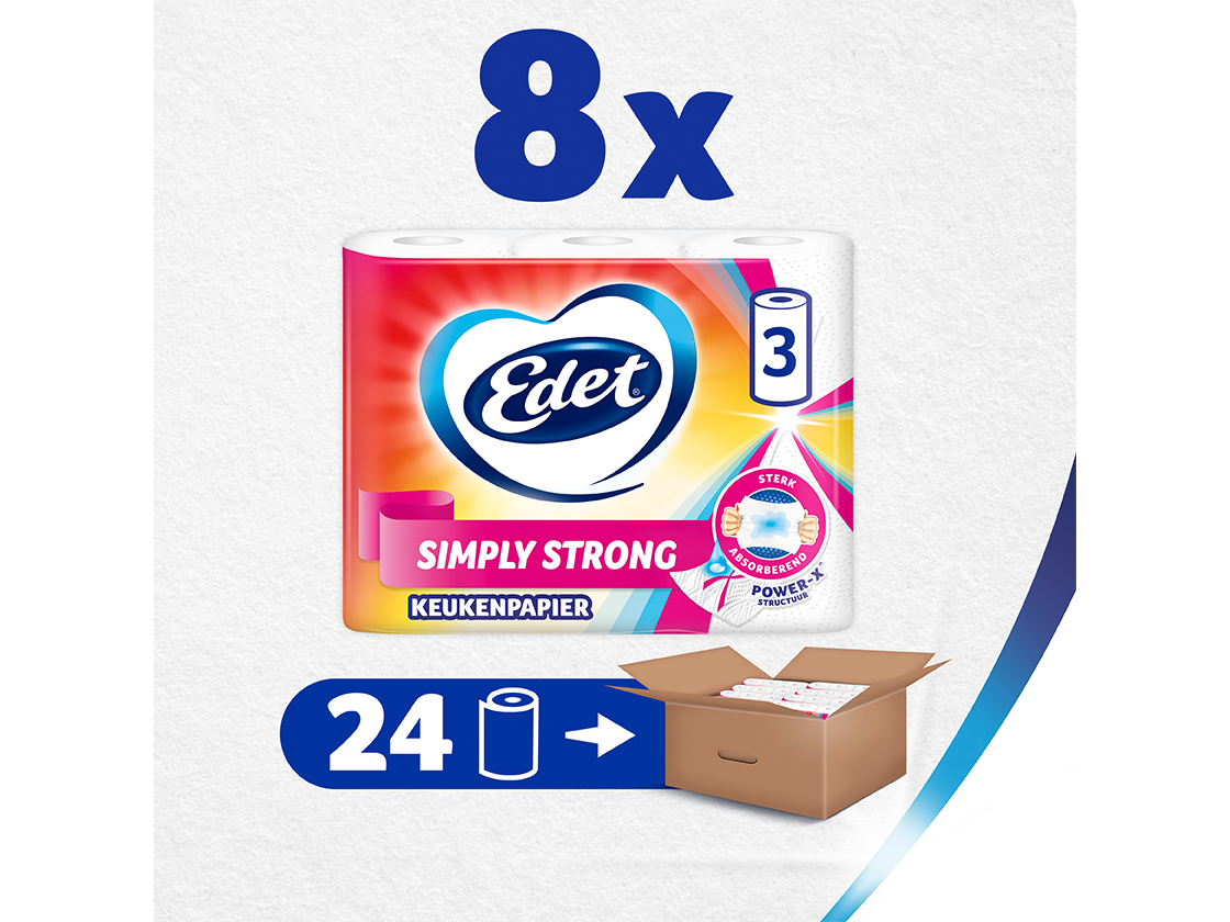 Edet 24x Keukenpapier Simply Strong – Extra Sterk En Superabsorberend – 8 Pakken Van 3 Rollen