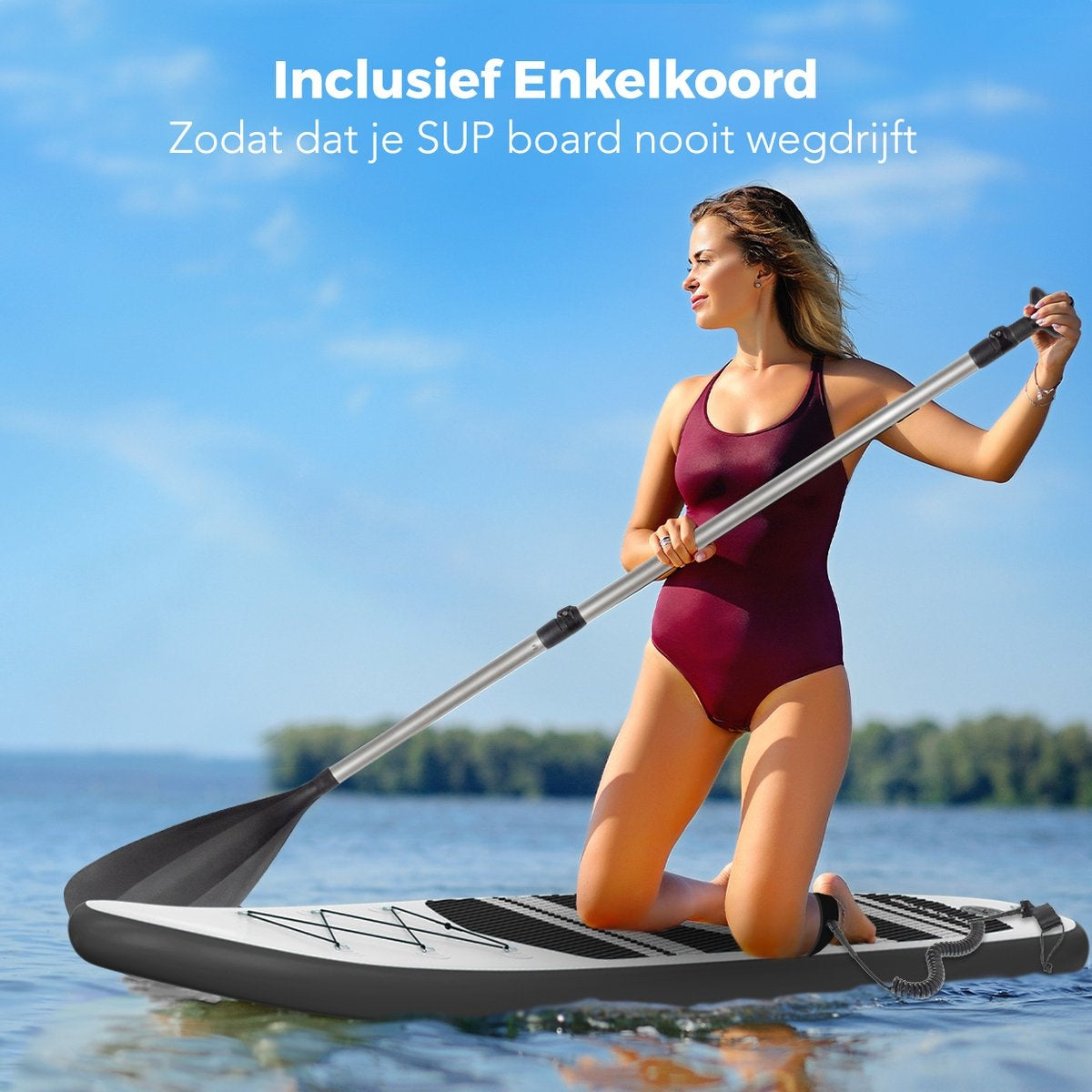 LifeGoods SUP Board - met Zitje - Opblaasbaar Paddle Board - Complete Set - Max. 135KG - 320x81cm - Wit/Zwart