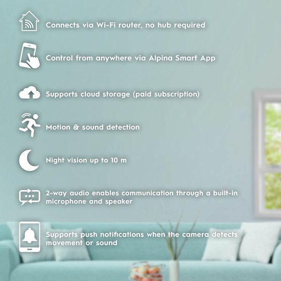 alpina Smart Home Wifi Camera - Full HD 1080p - Bewakingscamera voor Buiten - Geluid- en Bewegingssensor - Nachtvisie - met App - IP54 Stof- en Waterdicht