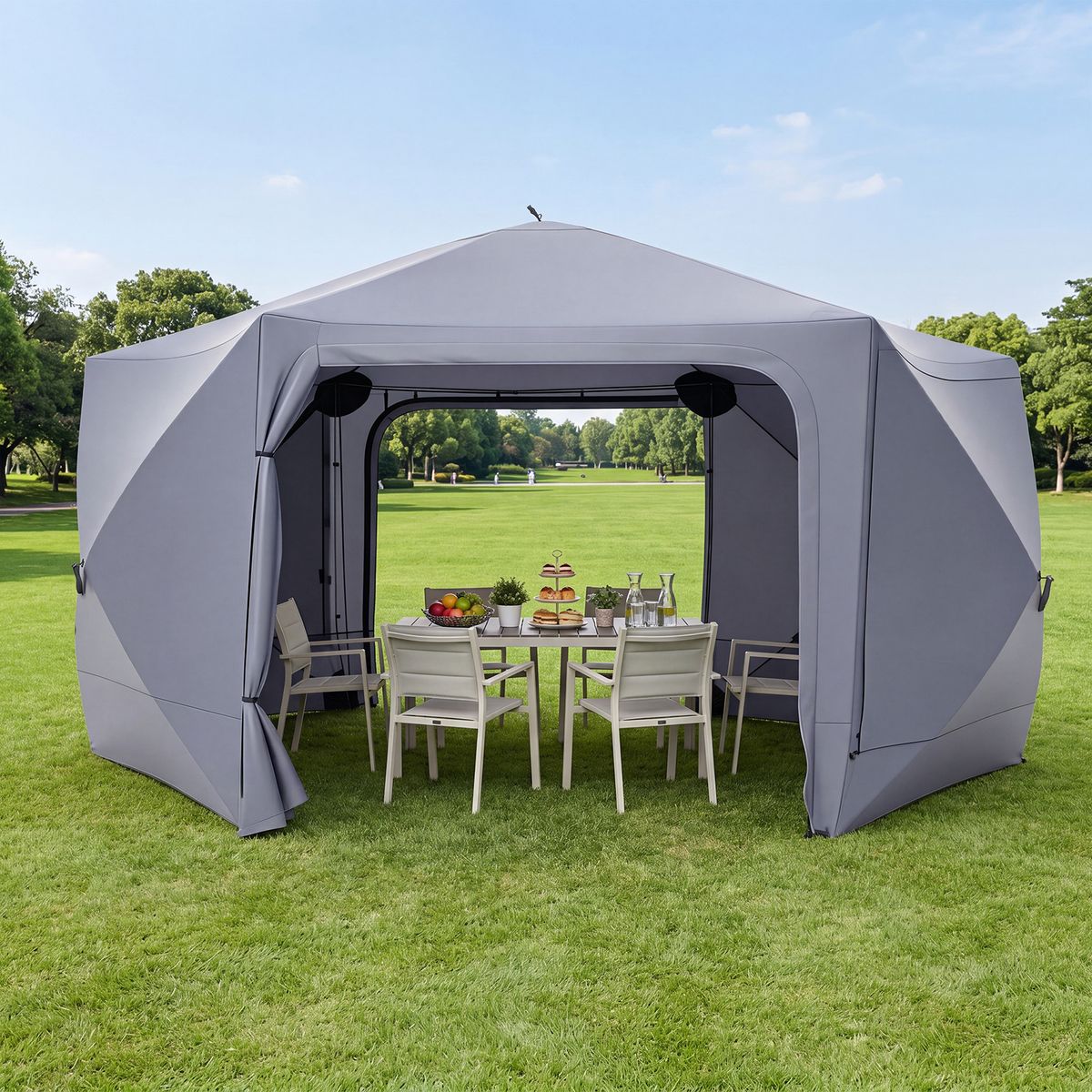 Coast Pop-up Tuinpaviljoen - zeshoekig - met 6 zijwanden en muskietennetten - grijs 427 x 427 cm