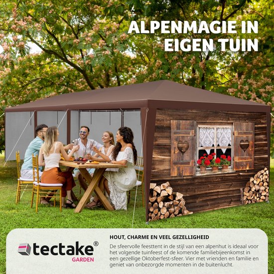 tectake® Tuin- of festivalpaviljoen - Feesttent - Almhut-design - Met 6 zijpanelen - Eenvoudig op te zetten partytent voor terras - Evenemententent - 3x9 m