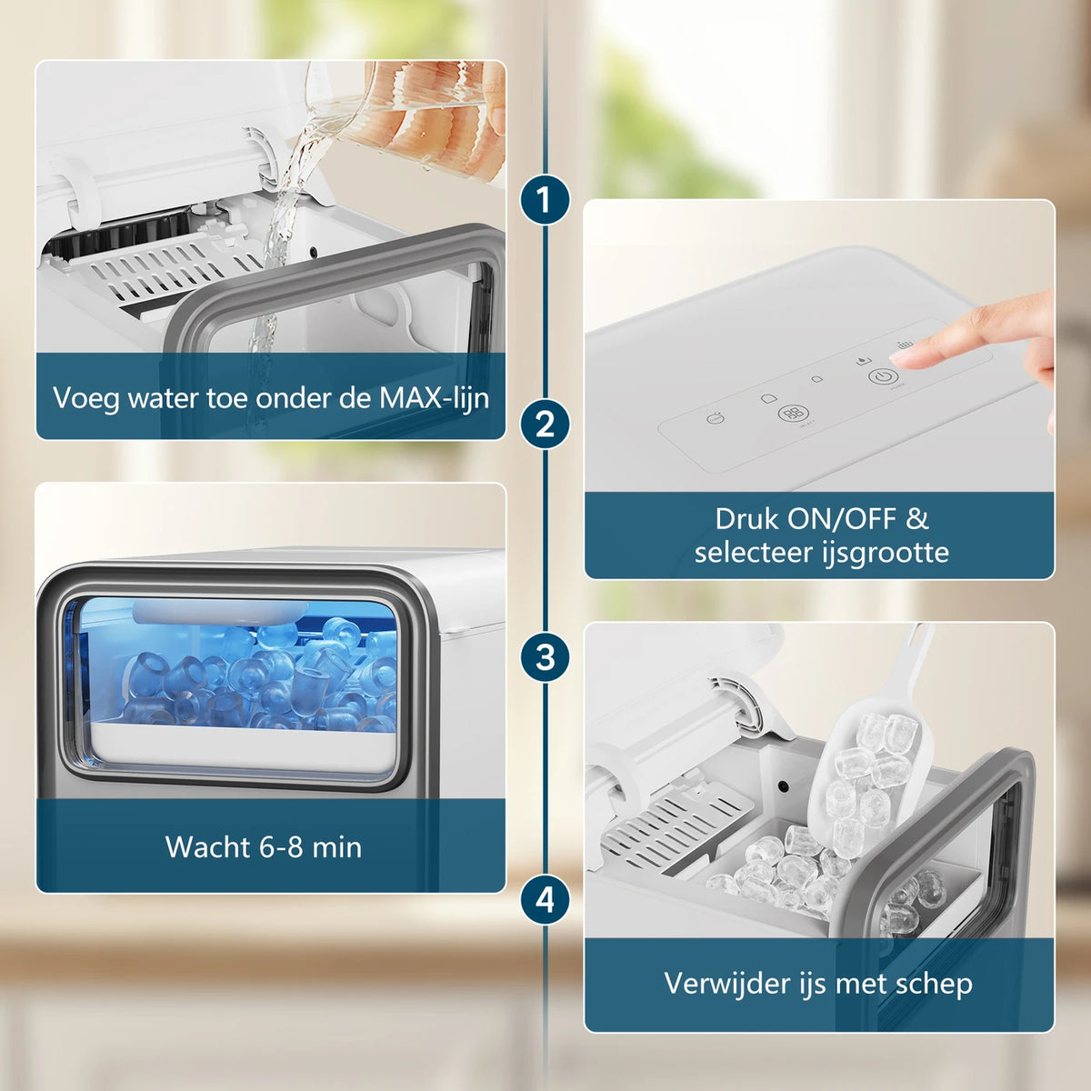 CONOPU IJsblokjesmachine – Zelfreinigend, 9 bolvormige ijsblokjes in 6–8 min, 2 ijsformaten, 12 kg/dag, 1,5 L, Stil & Compact – 35×23×30 cm, IJsblaauw