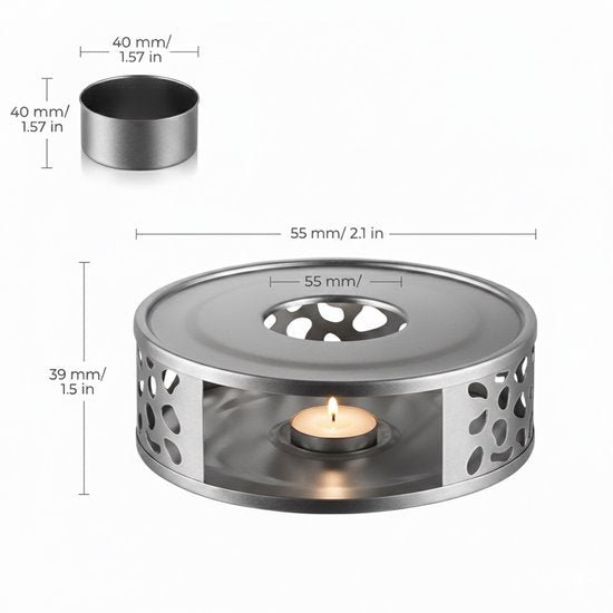 Vaja® Warmhoudplaat met Waxinelichtje voor Theepot - Warmhouder met Kaars - Theelichthouder - Thee Warmer Theelicht - Tea Maker - Verwarmer - Zilver