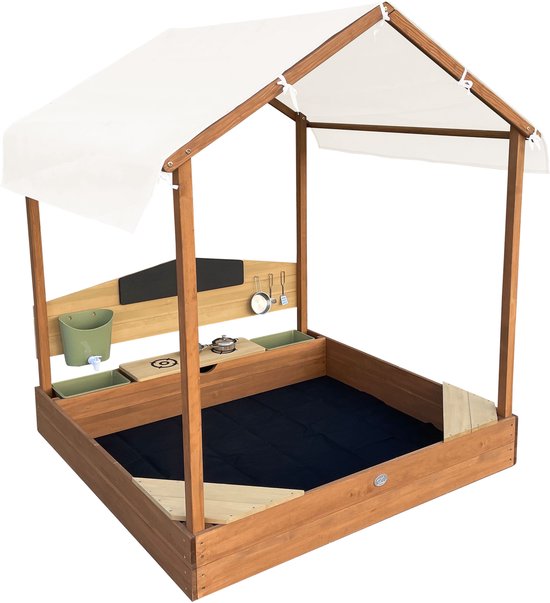 AXI Meli Zandbak & Speelhuisje 120 x 120 cm met Speelkeuken – Bruin - Met Dak – FSC hout – Met Krijtbord, Watertank en 6-delig Speelgoed Kookset – Met 2 Bankjes - Inclusief gronddoek – 10 jaar garantie