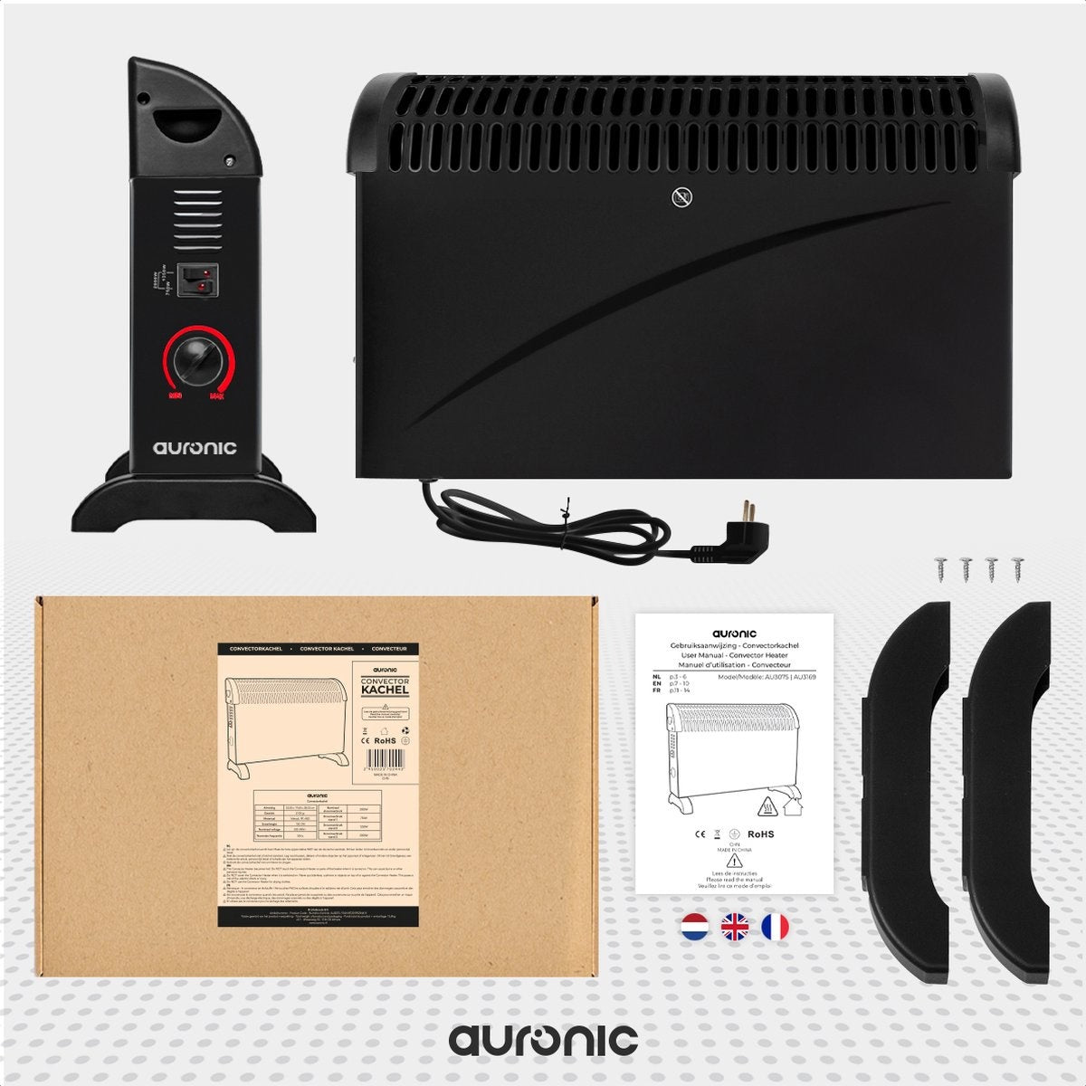 Auronic Elektrische Convectorkachel - 750/1250/2000 Watt - Verstelbare Thermostaat - Zwart