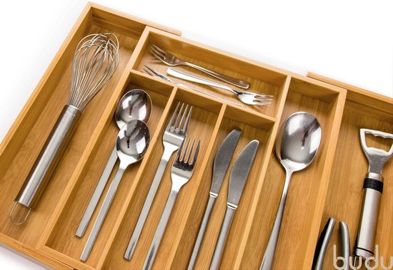 Budu Uitschuifbare Bamboe Bestekbak #33,5 (33,5 cm diep) - Bestekcassette Hout - Besteklade - 33,5 x 28 - 45 cm - 5/7 vakken