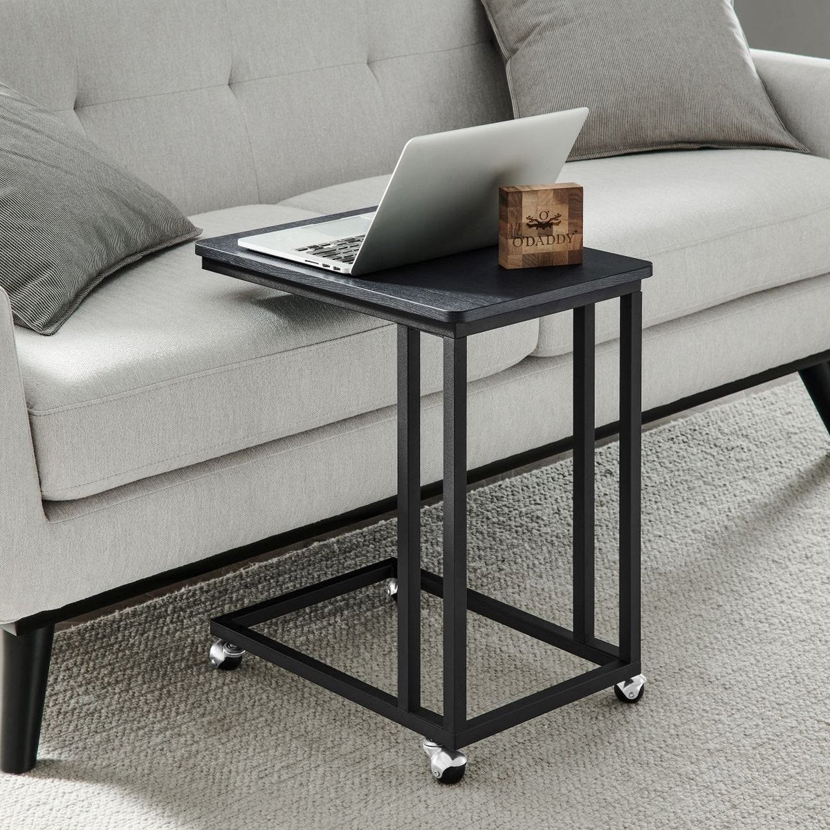 O'DADDY® Bijzettafel - bijzettafels - bijzettafel metaal met hout - bijzettafeltje - tafeltje - salontafels - bijzettafel zwart - bedtafeltje met wielen - bijzet tafel wielen - sidetable - bijzettafels met wielen - 50 x 35 x 55 cm - zwart - grijs