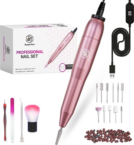 Beeperfect® Elektrische Nagelvijl - Nagelfrees - Manicure en Pedicure set - 12 Bitjes en 60 Schuurrolletjes - 4 Extra accessoires - Roze