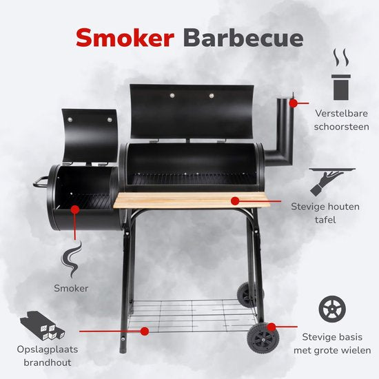 alpina Smokerbarbecue - BBQ Smoker - met Aparte Smoker - Instelbare Schoorsteen - 104 x 58 x 114 cm