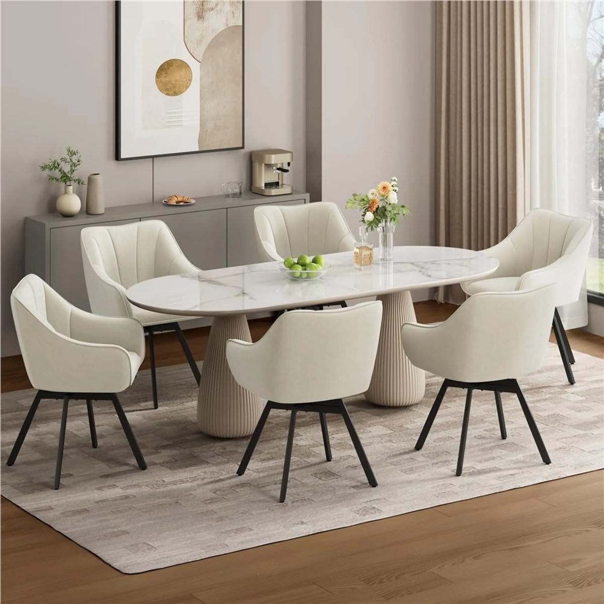 Yaheetech 360° Draaibare Eetkamerstoel van Samt 55x58,5x82 cm – Stijlvol Beige – Polyester en Metaal