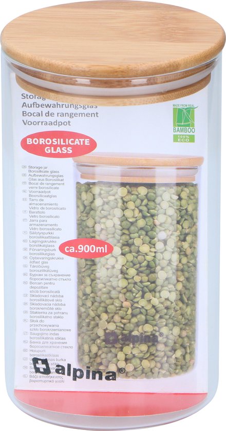 alpina Voorraadpot 900ML - Glazen Pot met Deksel - Bewaarpot van Borosilicaatglas/Bamboe