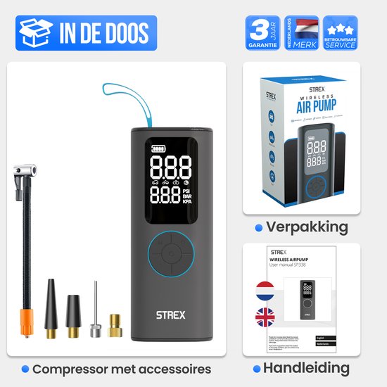 Strex Elektrische Bandenpomp - Draadloze Mini Compressor 3-in-1 - Auto, Fiets, Scooter, Bal & Luchtbed - Tot 10,5 bar / 150 PSI - 30L/min - 8000 mAh Powerbank & Zaklamp