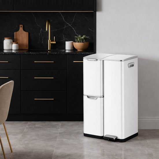 Bayt Prullenbak - Prullenbak 60 Liter - Vuilnisbak 60 Liter - Pedaalemmer 60 Liter - Prullenbak Afvalscheiding - Prullenbak 3 Vakken - Afvalbak - RVS - Wit