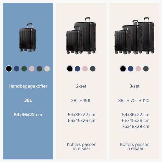 TRVLMORE Handbagage Koffer - 45L - TSA Cijferslot - Lichtgewicht - Uitbreidbaar - Trolley - 54x36x22cm - Zwart