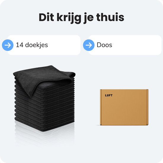 LUFT Microvezel doekjes - 14 stuks - 30x30cm - Geschikt voor raam, schoonmaak, ruiten, auto - Wisser - Reiniger - Schoonmaak doeken - Poets doek - Droogdoek - Vaatdoekjes - Zwart