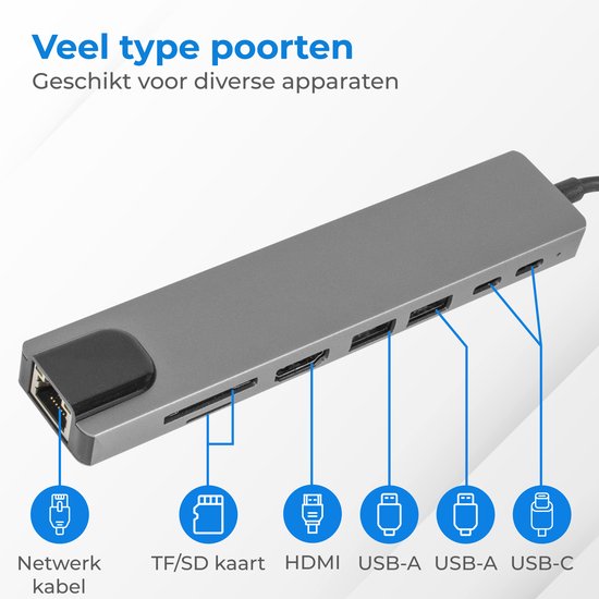 Nuvance - USB C Hub 3.0 – 8 Poorten - USB Splitter met Ethernet - USB C naar HDMI - USB Hub 3.0 - Docking Station Laptop - Micro SD Card Reader - HDMI 4K - Grijs