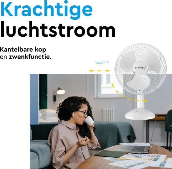 BRASQ Tafelventilator - 30 cm - Wit - 3 snelheden - Statiefventilator - 40 Watt