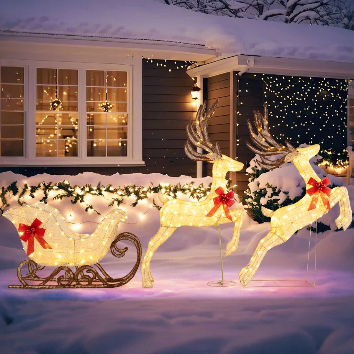 Coast 3-delige LED rendier en slee set - 280 warmwitte lampjes - meerkleurig