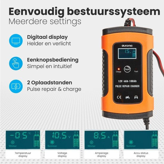 Auronic Acculader - Druppellader - voor Auto en Motor - 12V - tot 100Ah - Oranje