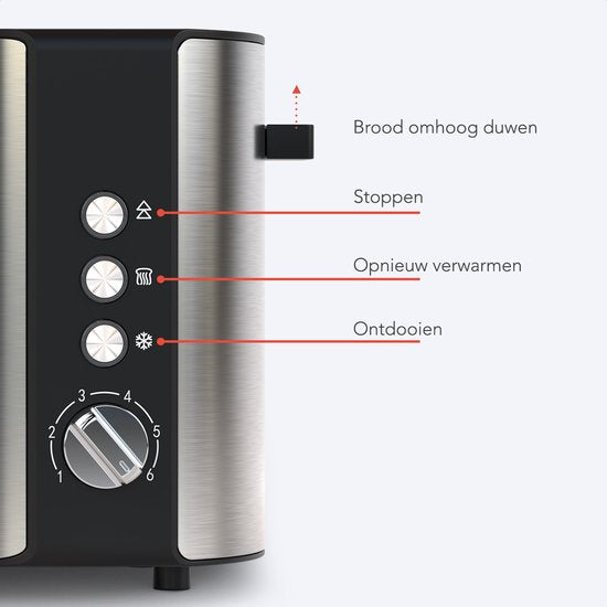 KitchenBrothers Broodrooster - Toaster - 6 Warmteniveaus - 2 Extra Lange Sleuven - 1520W - RVS/Zwart